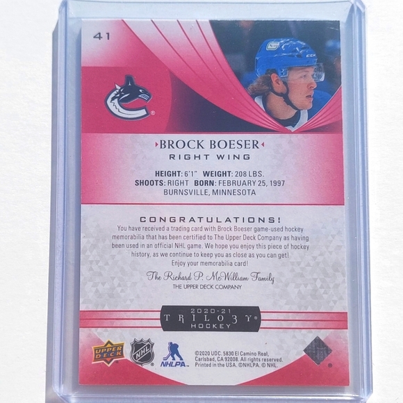 Brock Boeser Trilo3y Game Used Hockey Card 2020/21 Vancouver Canucks - Picture 2 of 2